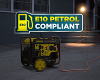 E10 Petrol Compliant icon over photo of generator at night