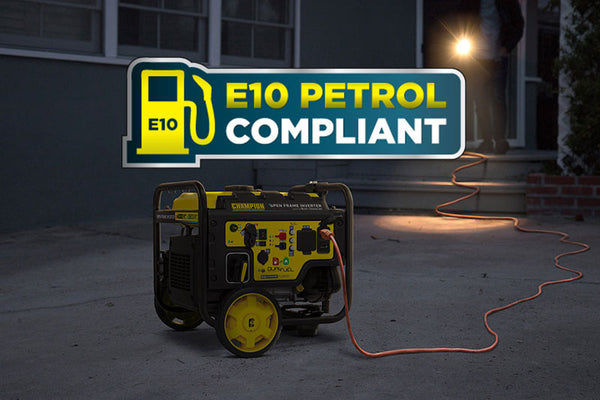 E10 Petrol Compliant icon over photo of generator at night