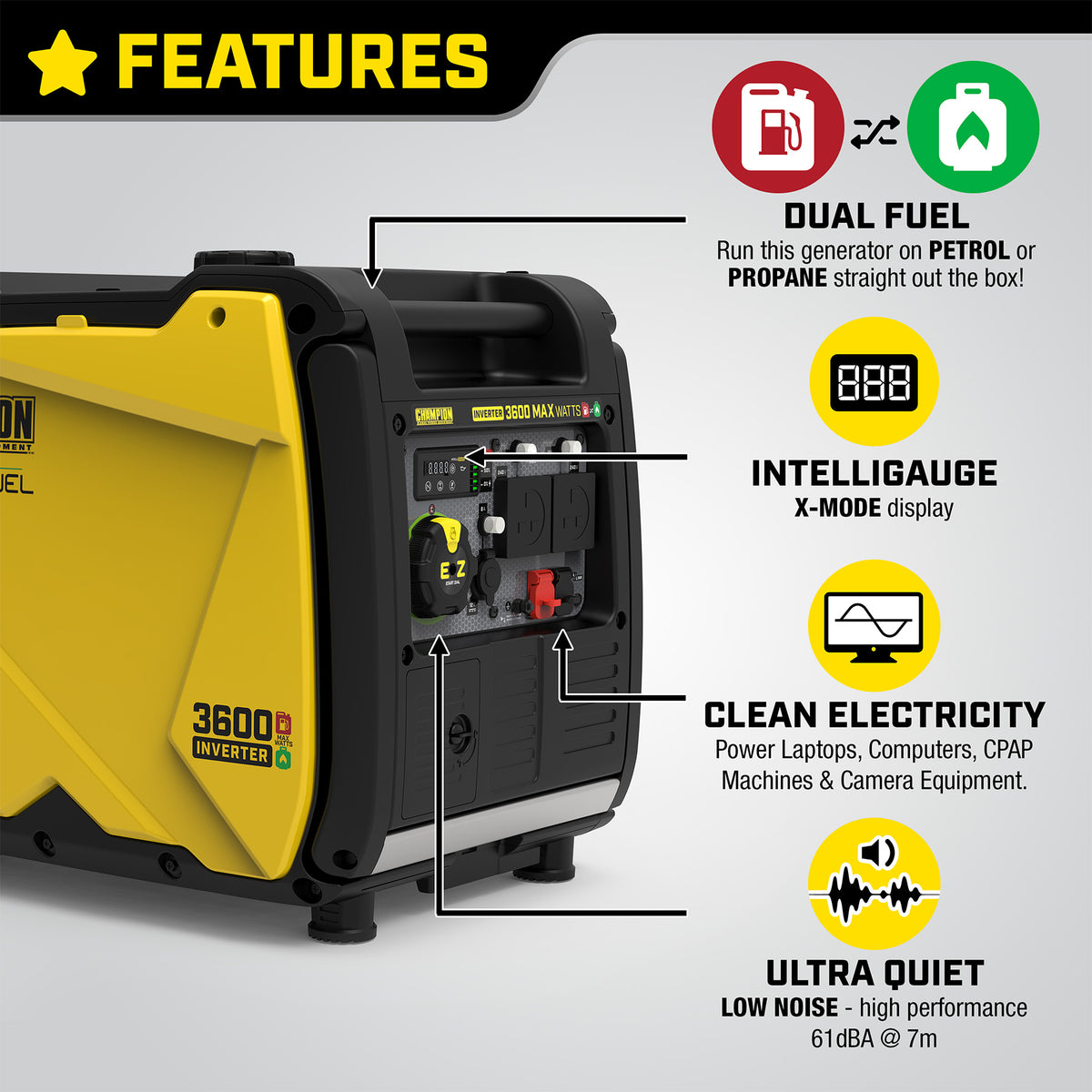 Champion 3600 Watt LPG Dual Fuel Inverter Generator